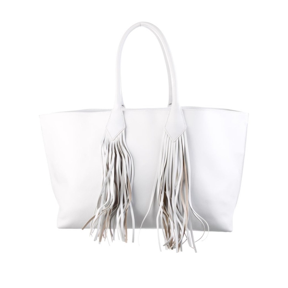 Sara Battaglia White Leather Fringe Tote Bag Designer Handbag Purse